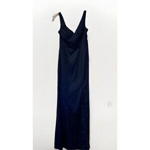 David’s Bridal Navy Blue Satin  V-neck Long Bridesmaid‎ Formal Dress Size 0 NWT